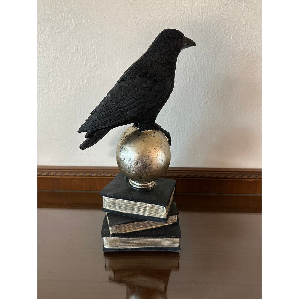 Gothic Crow on Silver Skull and Books Figurine Halloween Shelf Decor 14'' - Picture 4 of 4